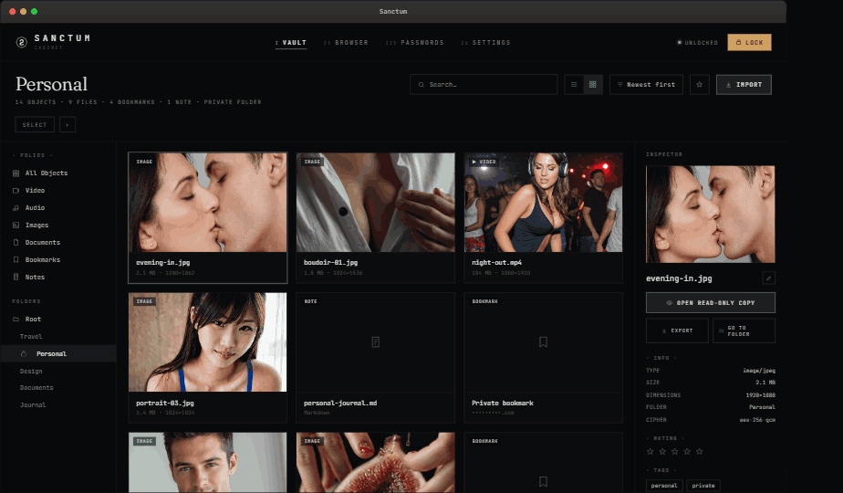 Sanctum — a private personal folder of encrypted photos, videos and bookmarks